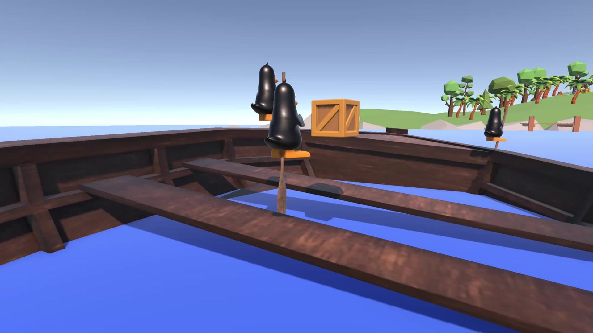 Two penguins rowing a wooden boat across blue water