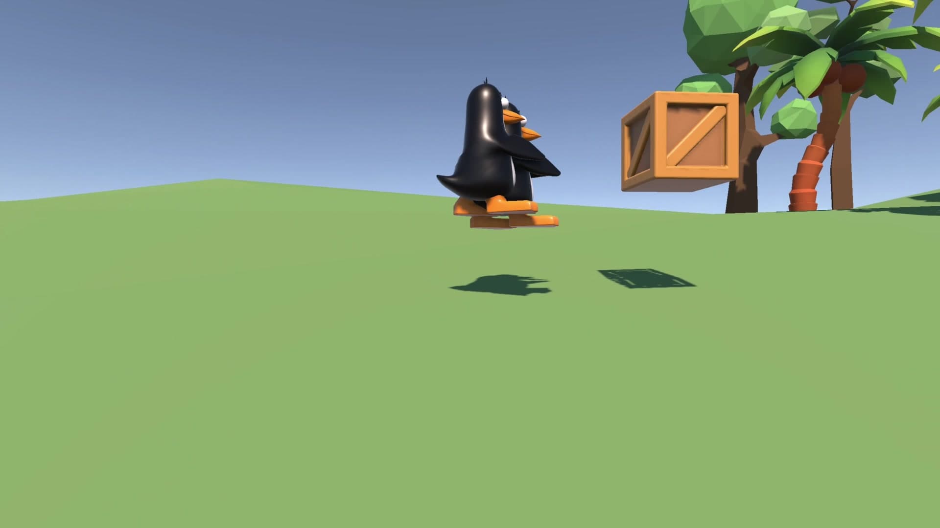 A penguin hauling a crate that's bigger than its head
