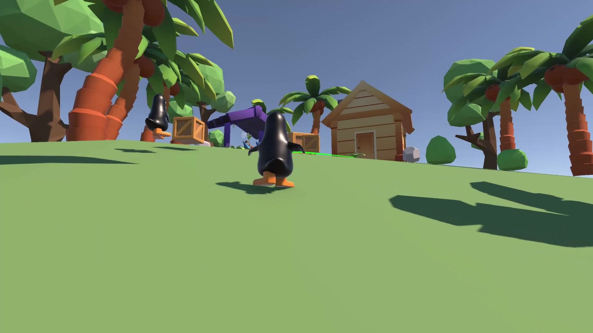 A penguin sprinting past the dispatcher hut